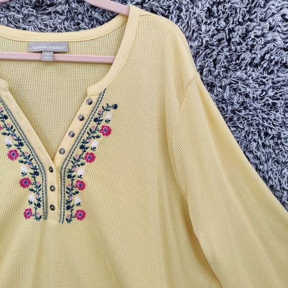 Woman Within Women Cottagecore Boho Embroidered Henley Top 3X Yellow Waffle Knit - Picture 9 of 16